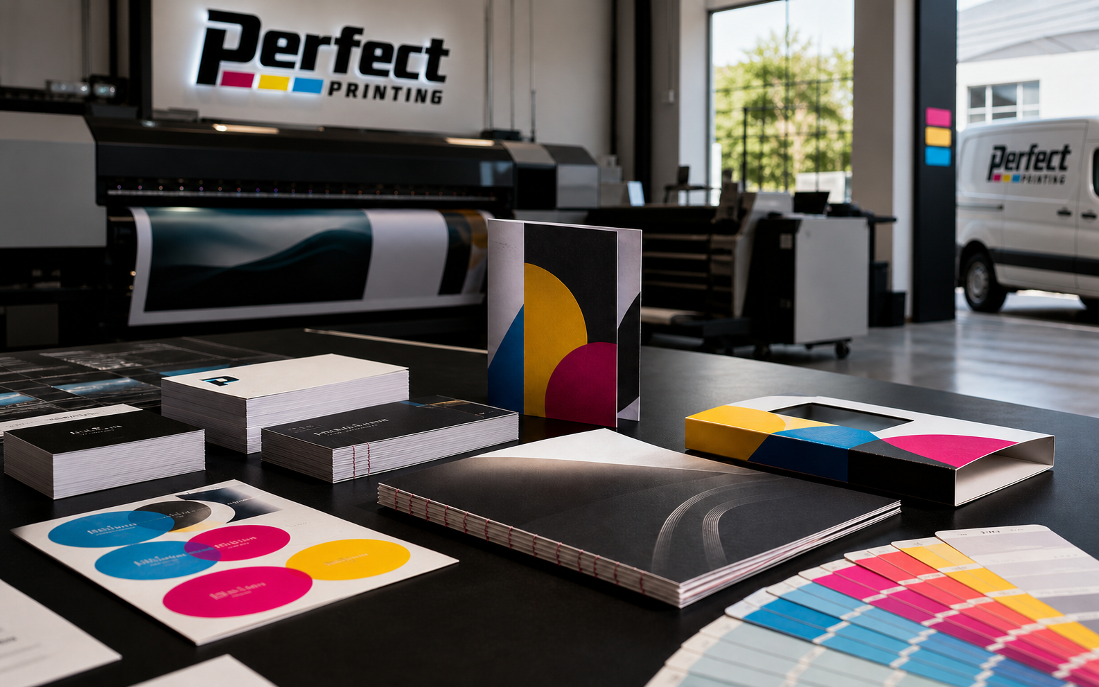 Premium commercial print pieces arranged in a modern print studio